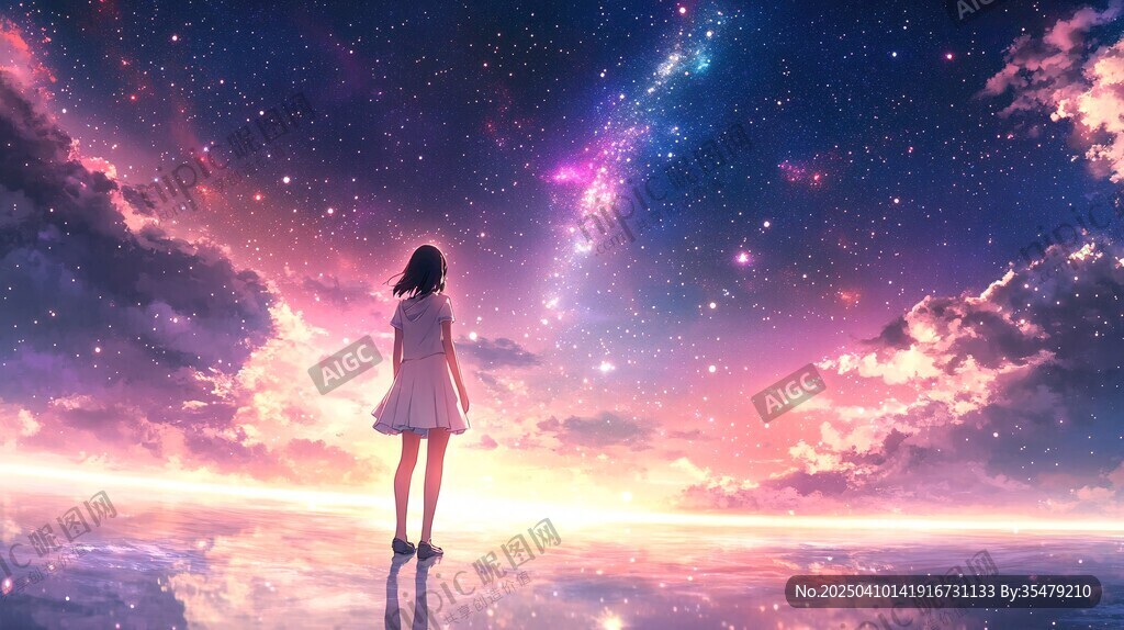 少女凝望梦幻星空