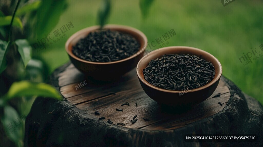 两碗黑茶叶置于树桩之上