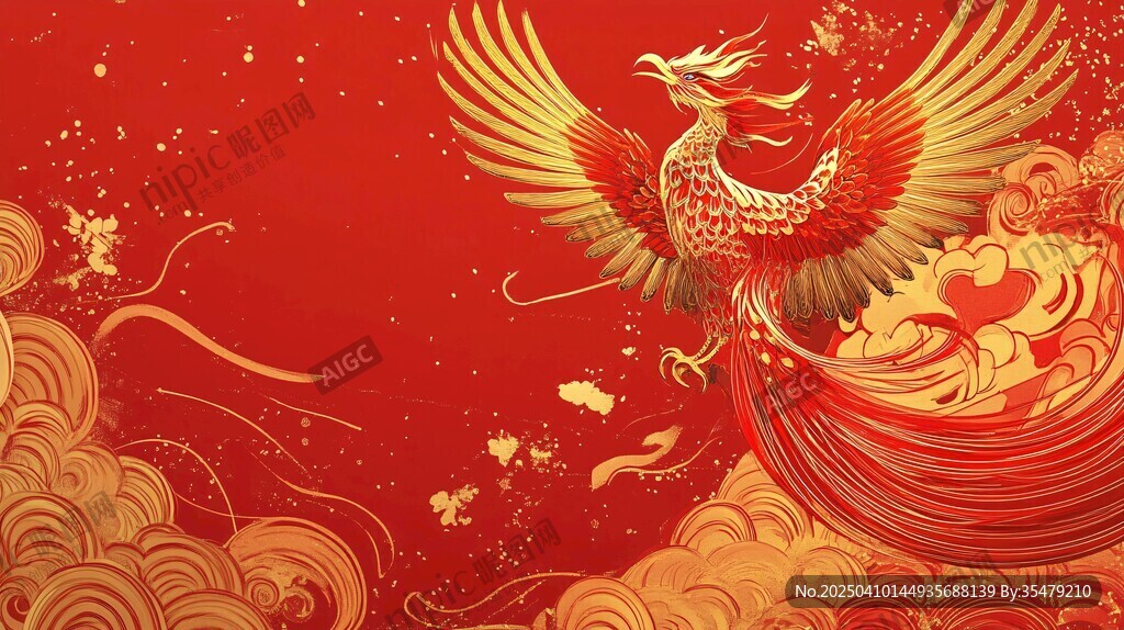 金凤凰于红色祥云间飞舞