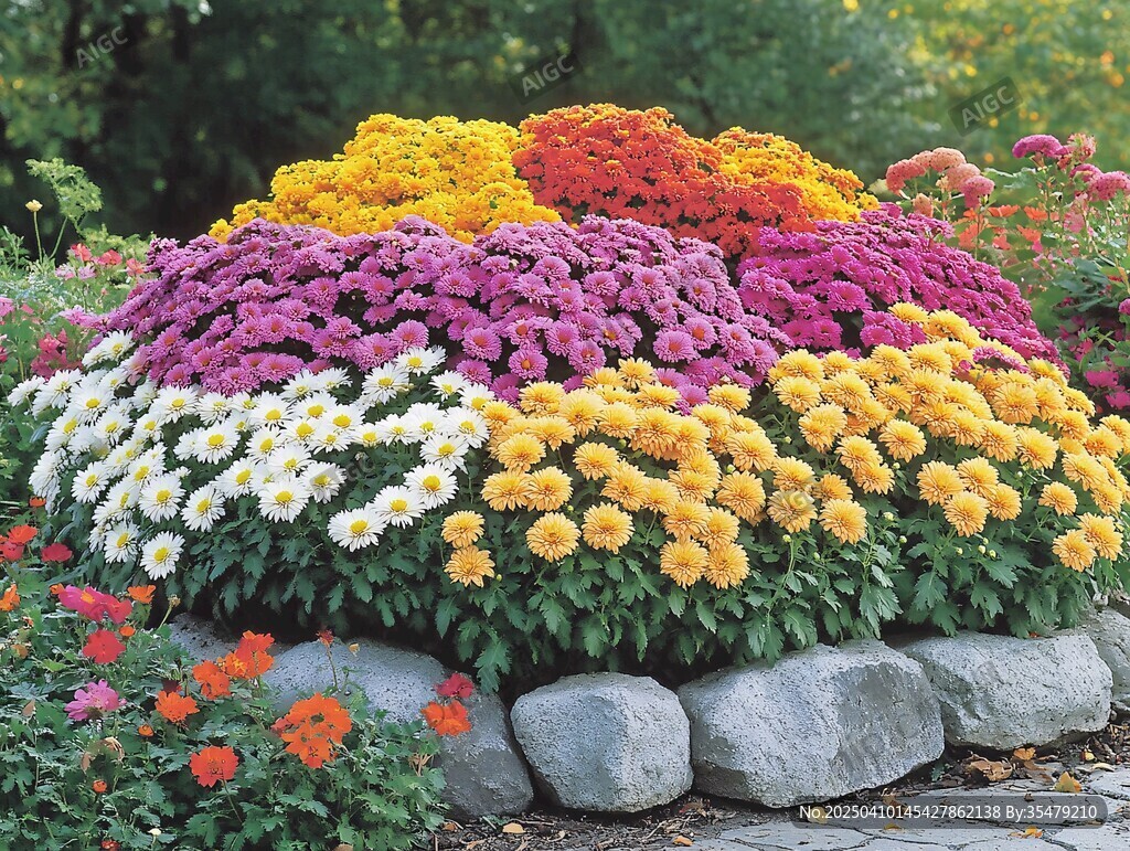 五彩菊花绽放花园美景