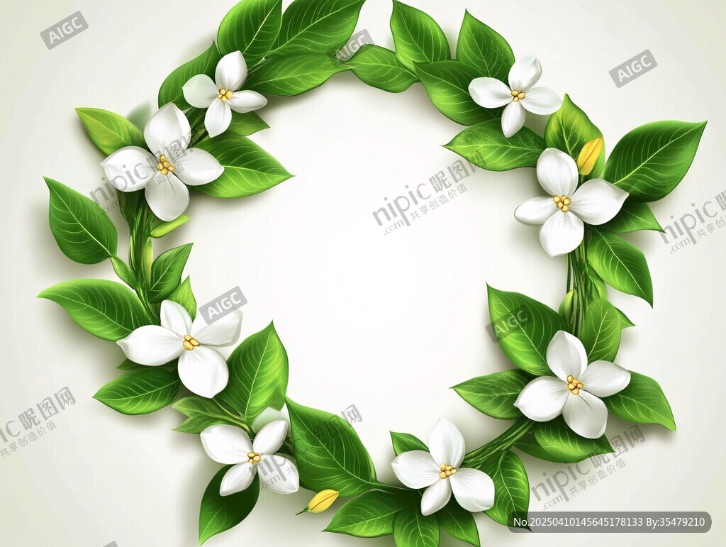茉莉花绿叶花环装饰图