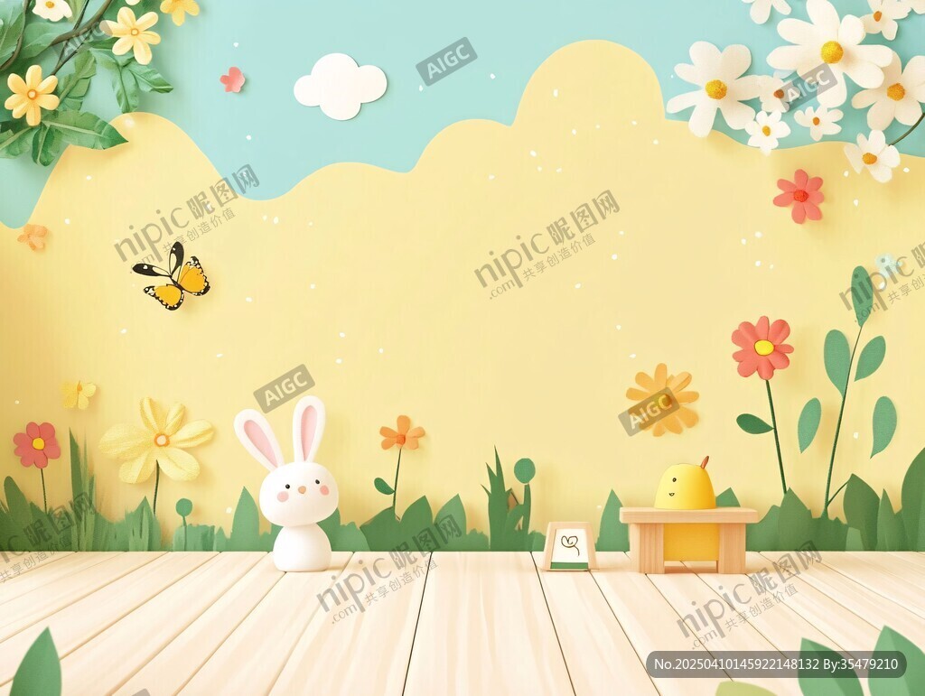 梦幻童趣室内花卉小兔场景
