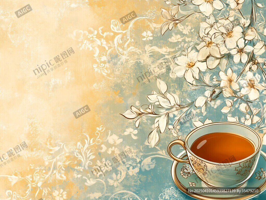 复古风花卉与茶杯插画