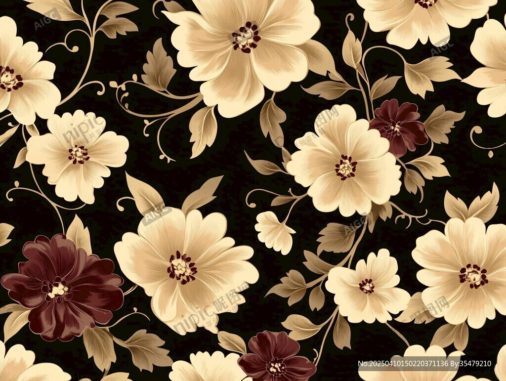 复古花卉黑色背景图案