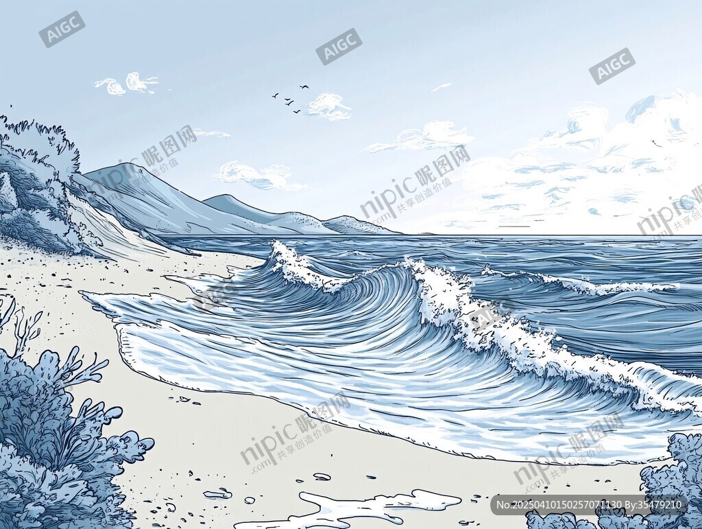 蓝色海岸风景手绘插画