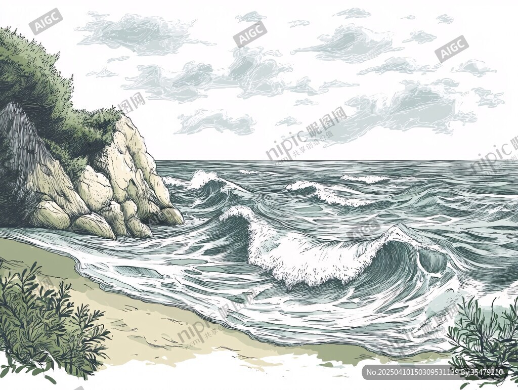 海边浪花拍打岩石景致