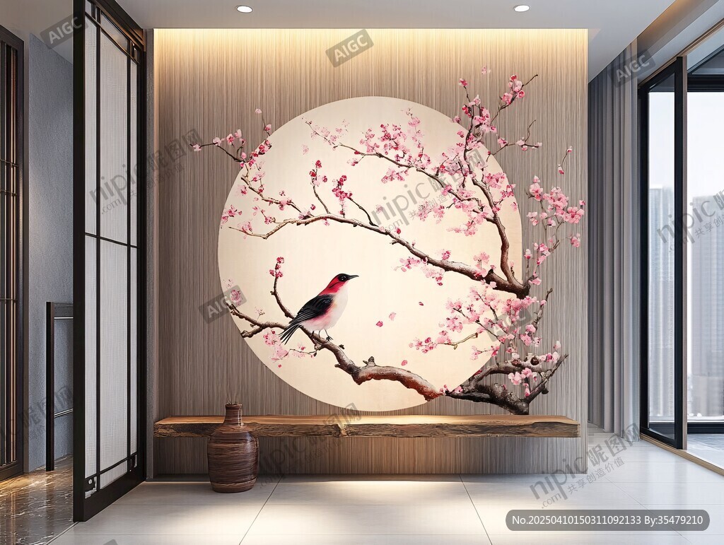 中式客厅花鸟壁画装饰