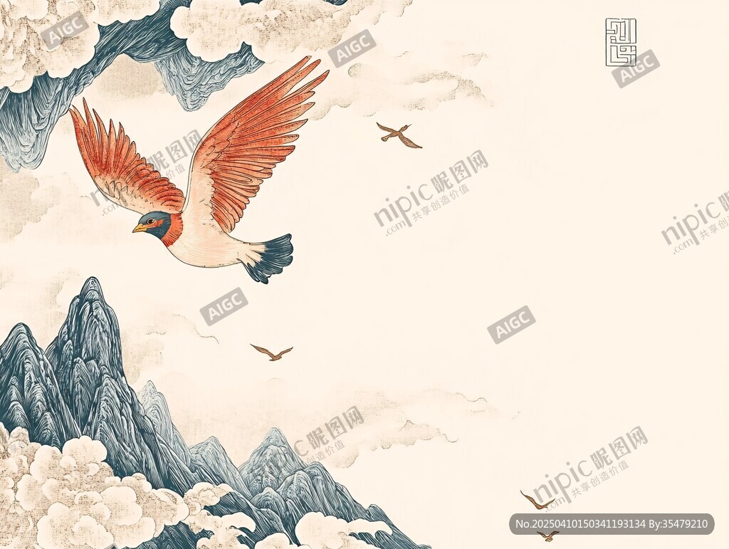 飞鸟翔于山川云海间