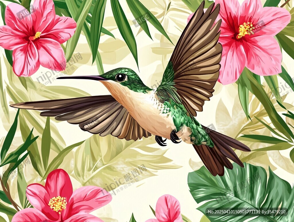 蜂鸟于繁花绿叶间飞舞