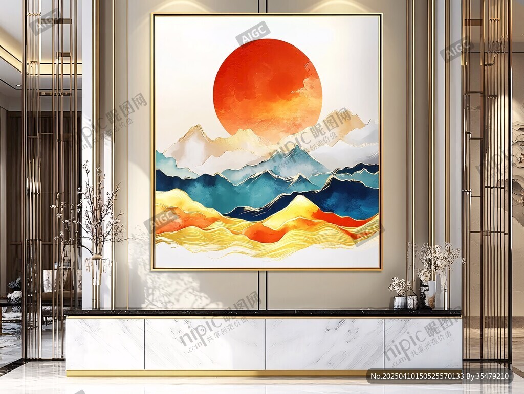 客厅中悬挂的山水落日装饰画