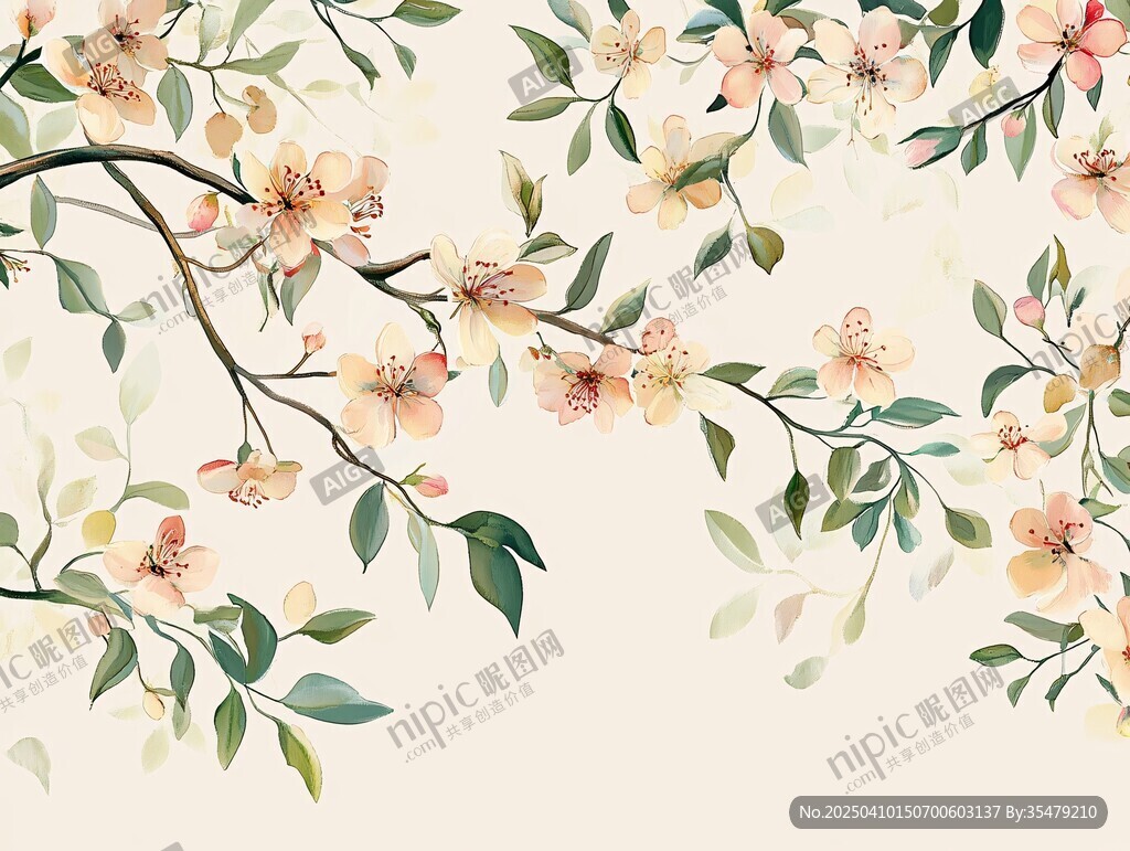 手绘淡雅花卉枝叶图案