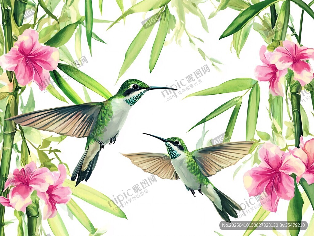 蜂鸟于花卉竹林间飞舞