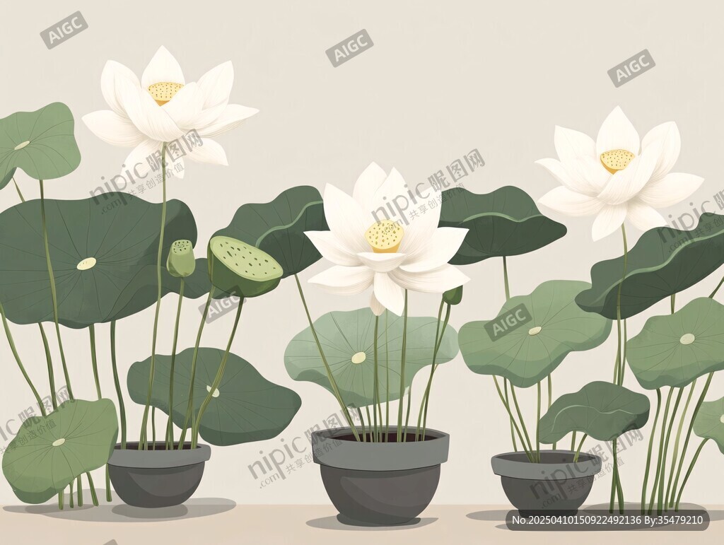盆栽荷花插画 清新雅致