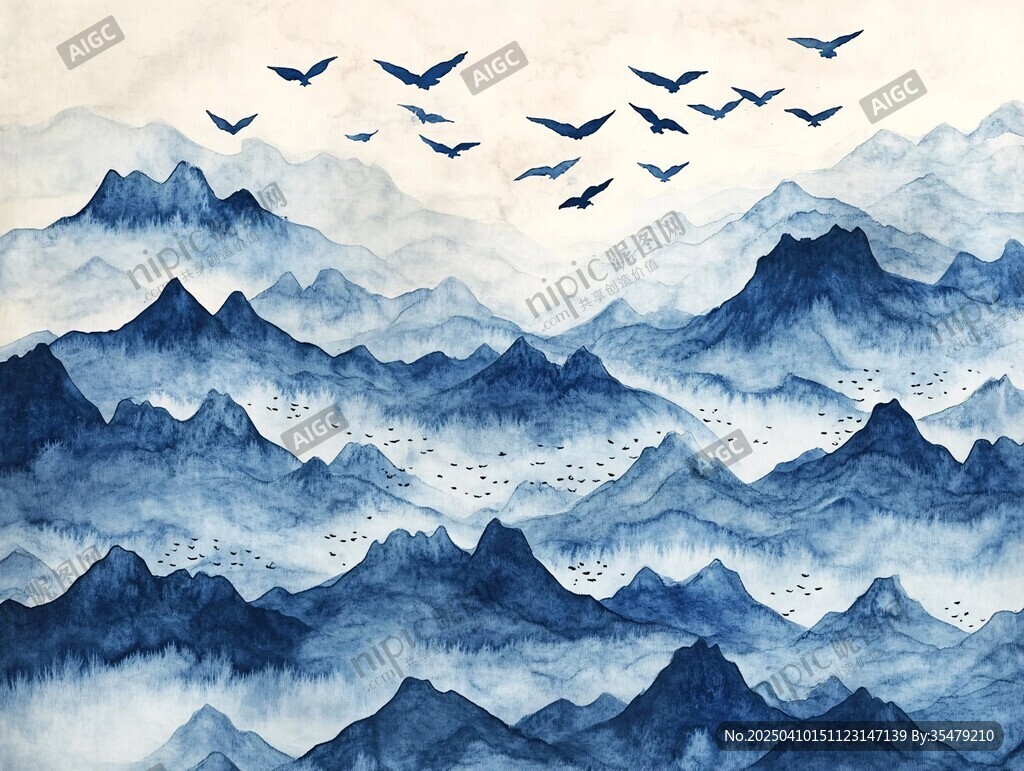 水墨群山间飞鸟翱翔