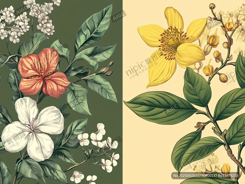 复古花卉植物插画组合