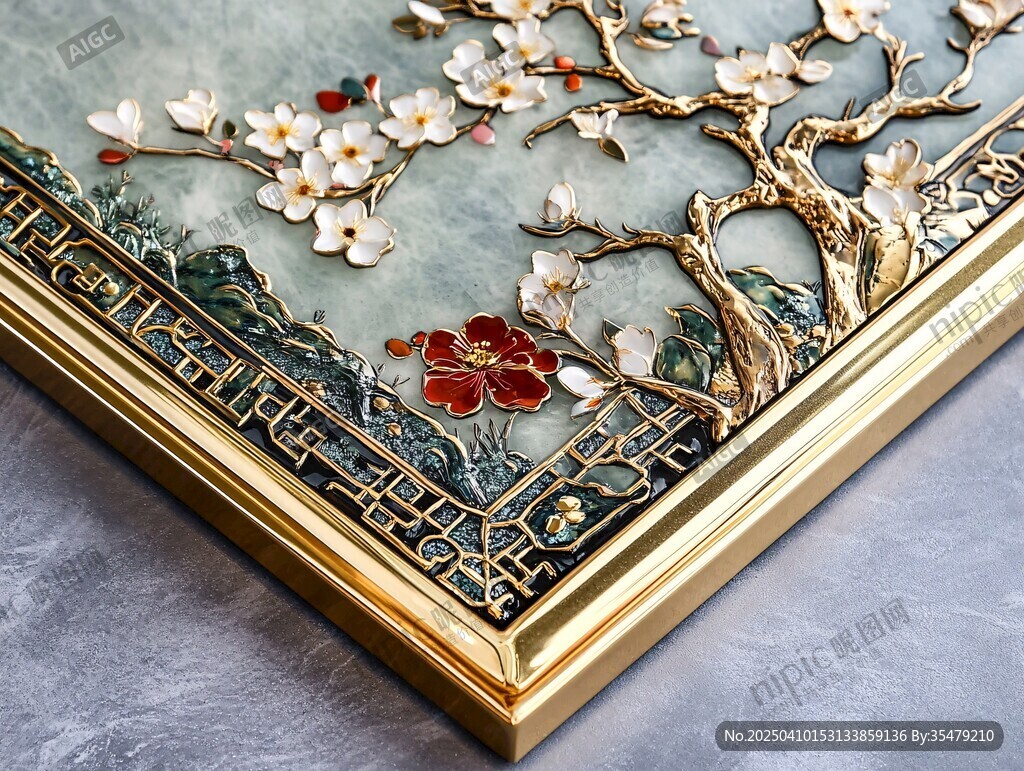 中式金框玉石花卉装饰画
