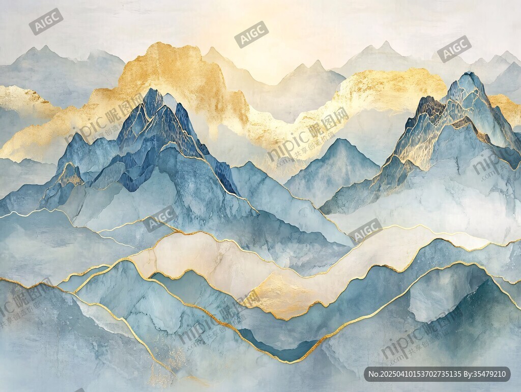 金色山峦水墨风山水画卷