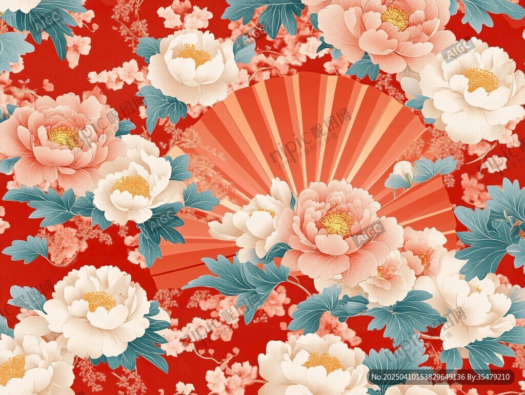 中式牡丹折扇花卉图案