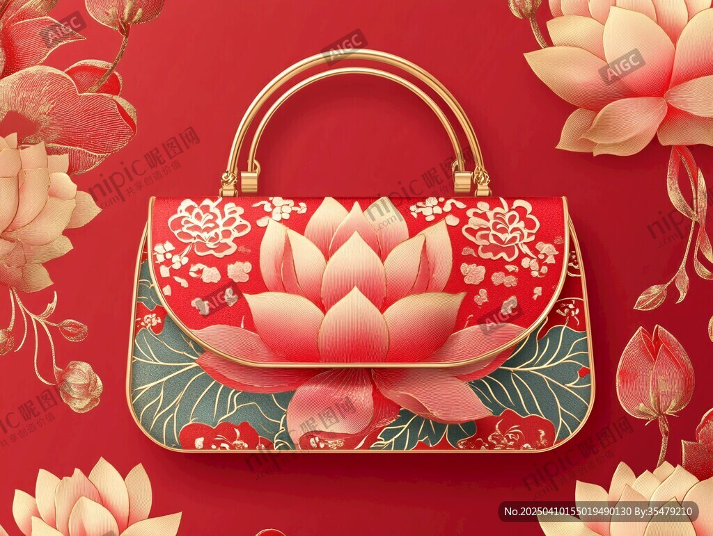 中式莲花刺绣精美手提包