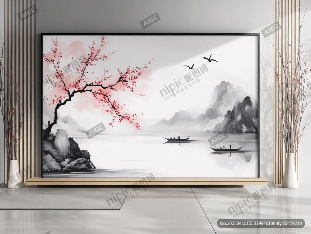 中式水墨山水梅花装饰画
