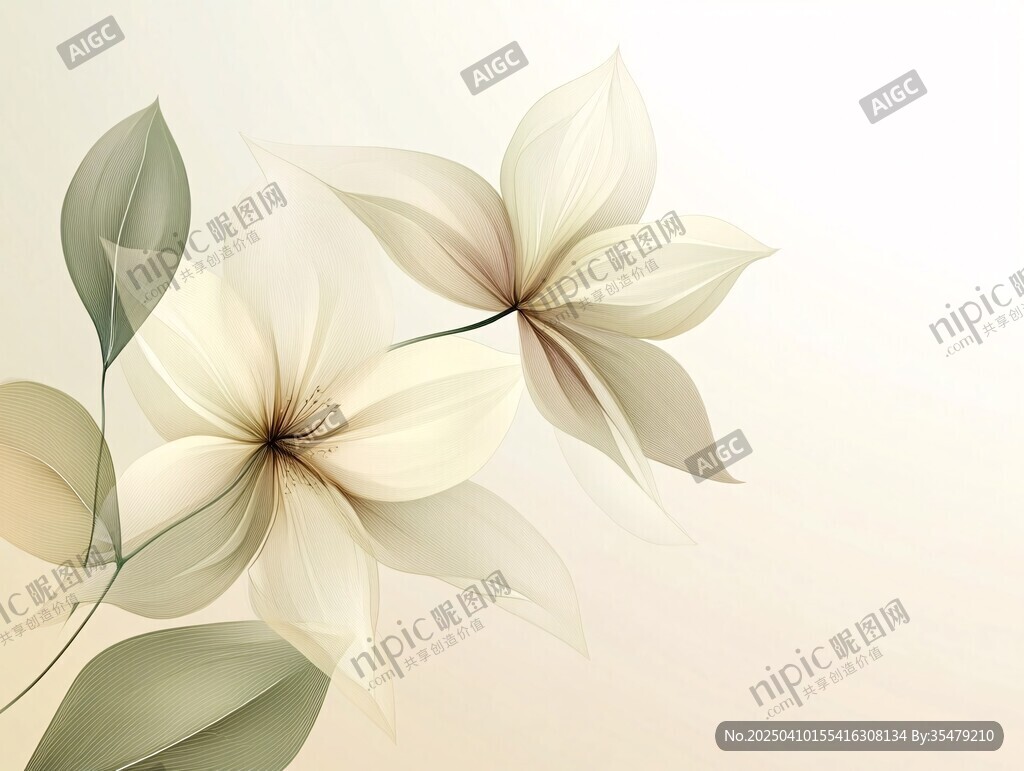 淡雅白花绿叶插画背景