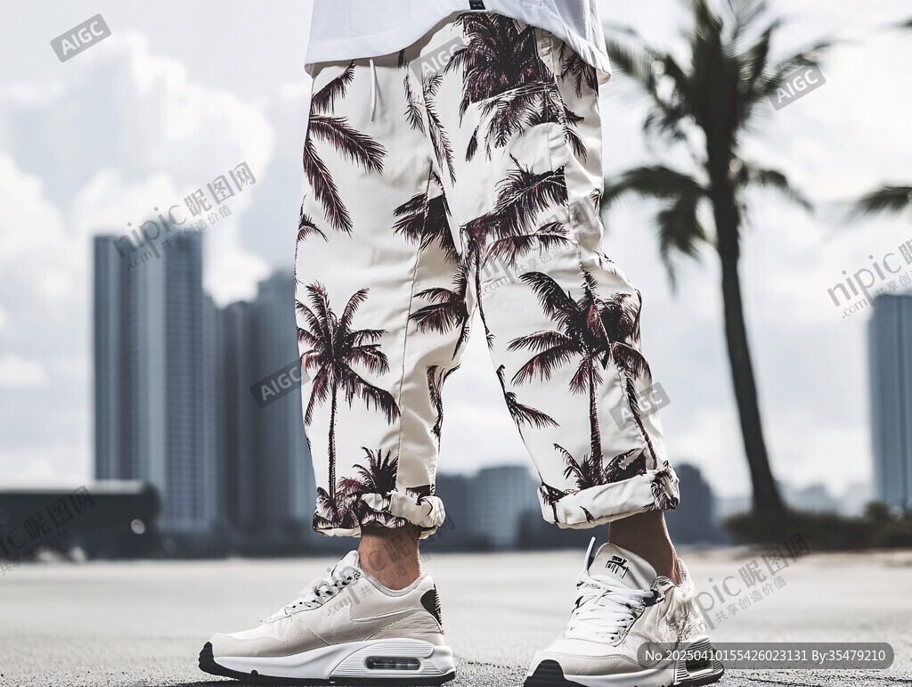 潮人街头风棕榈印花休闲裤