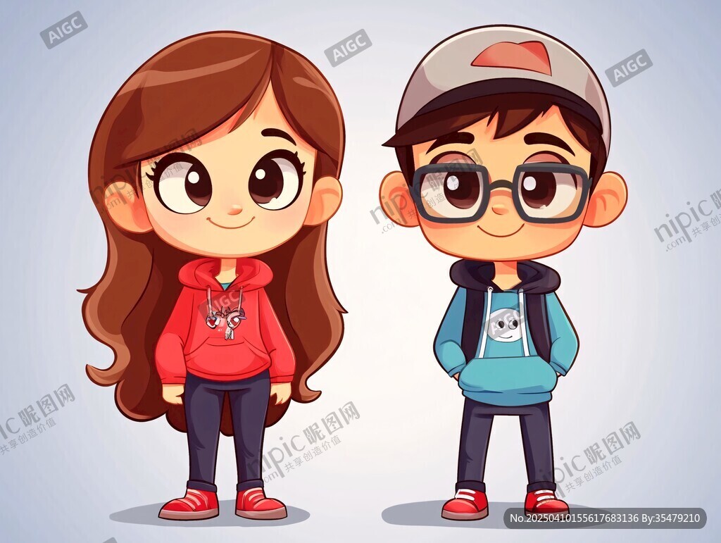 卡通风格的可爱男孩女孩