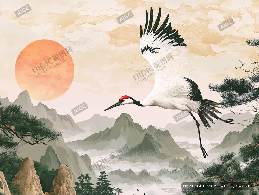 丹顶鹤翱翔于山水红日间