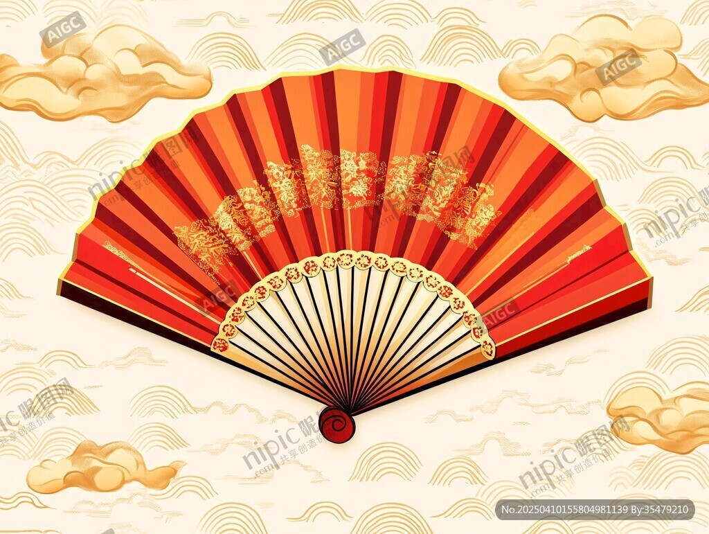 中式折扇与云纹装饰图