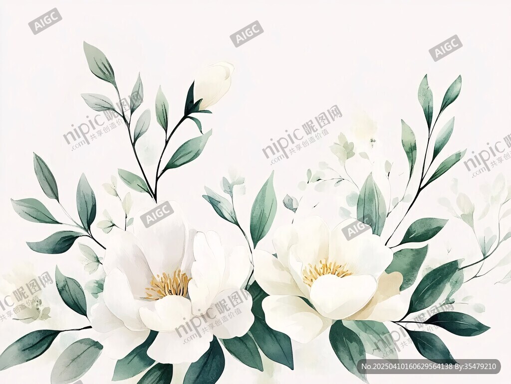 淡雅白花绿叶装饰图案