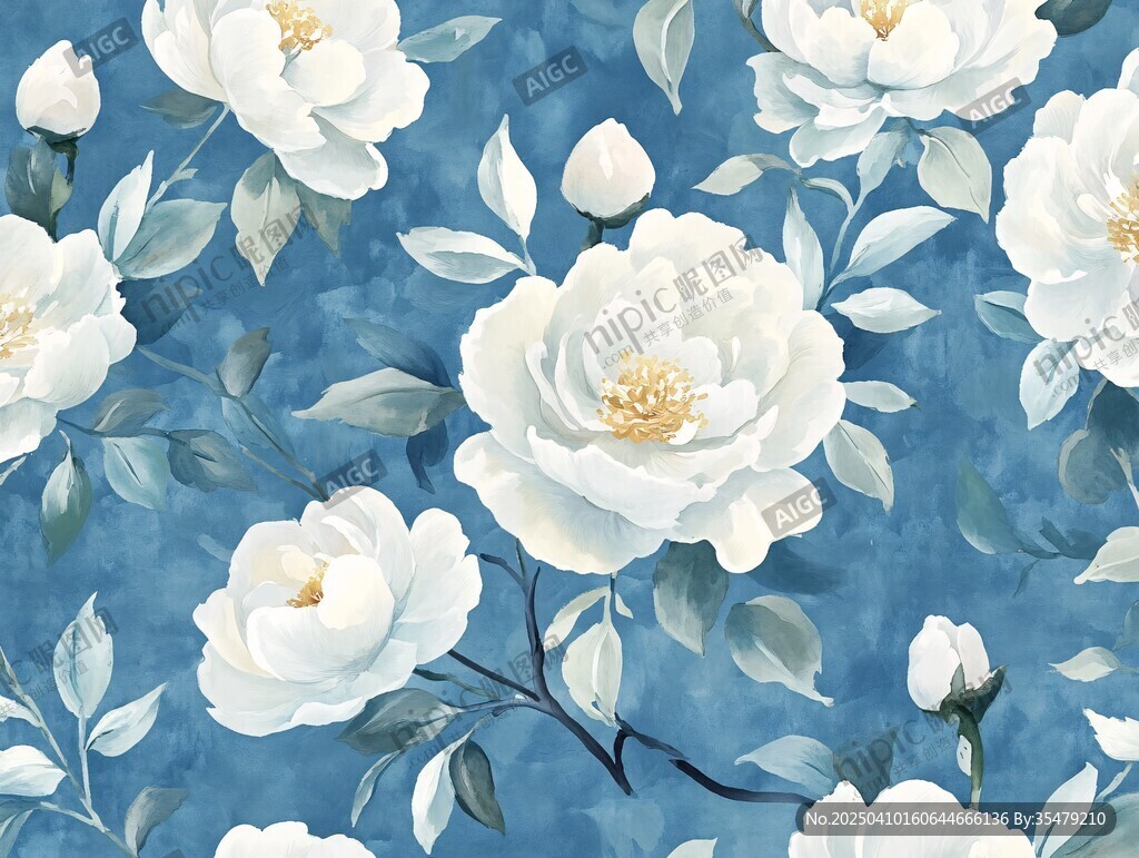 蓝底白花花卉图案背景
