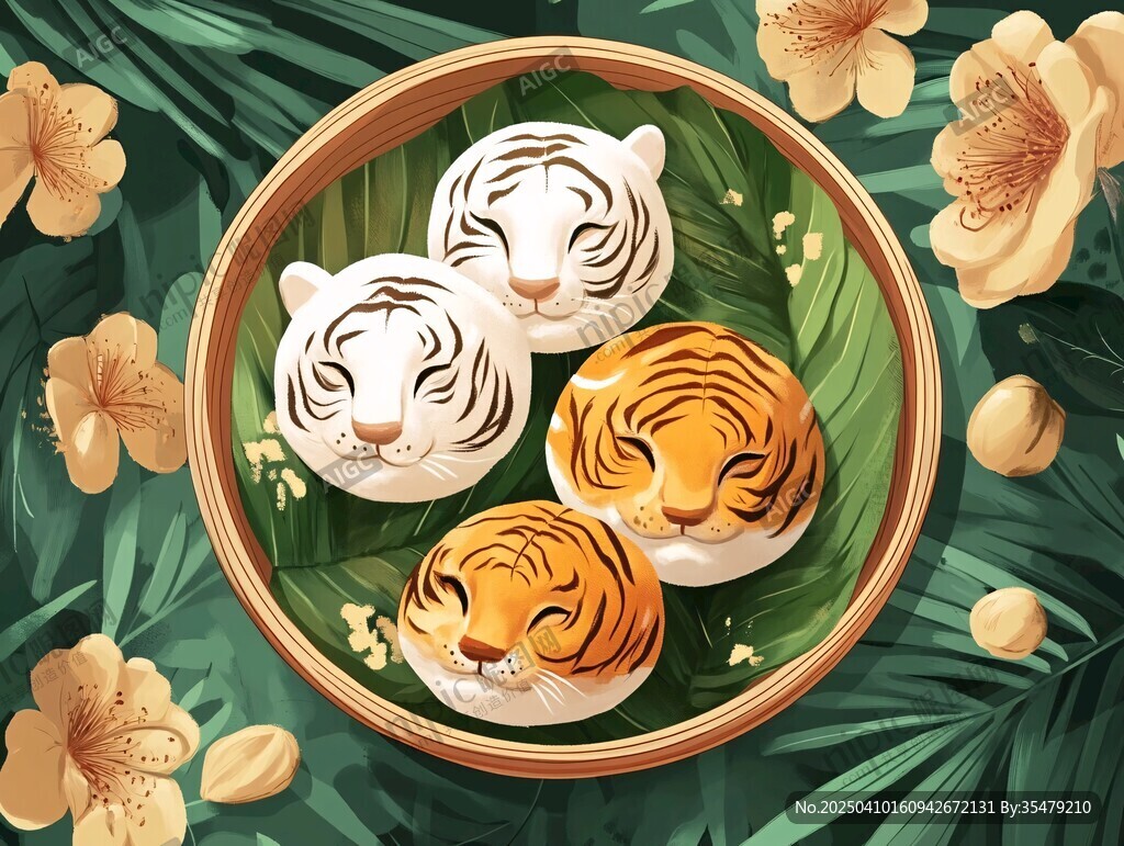 萌虎造型糕点摆于竹盘间