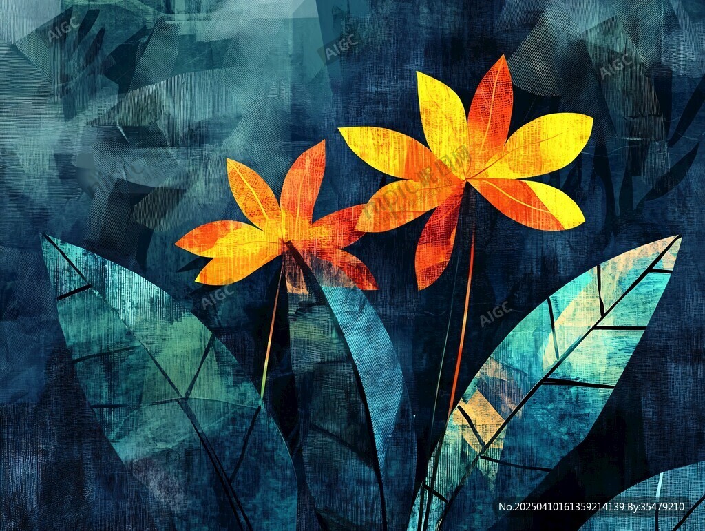 抽象双花绿叶艺术插画