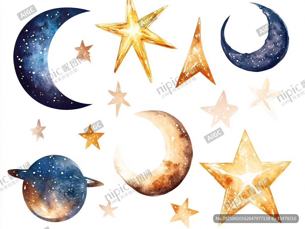 水彩风星月行星图案素材
