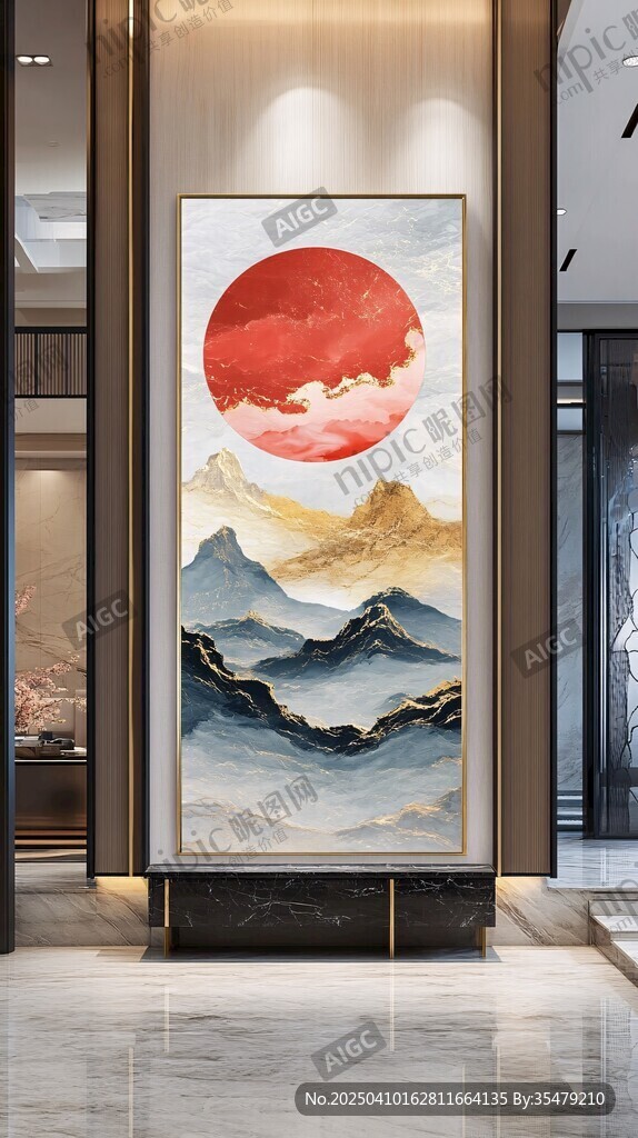 中式山水红日玄关装饰画