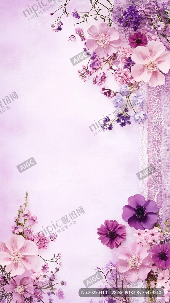 梦幻粉紫花卉边框背景图