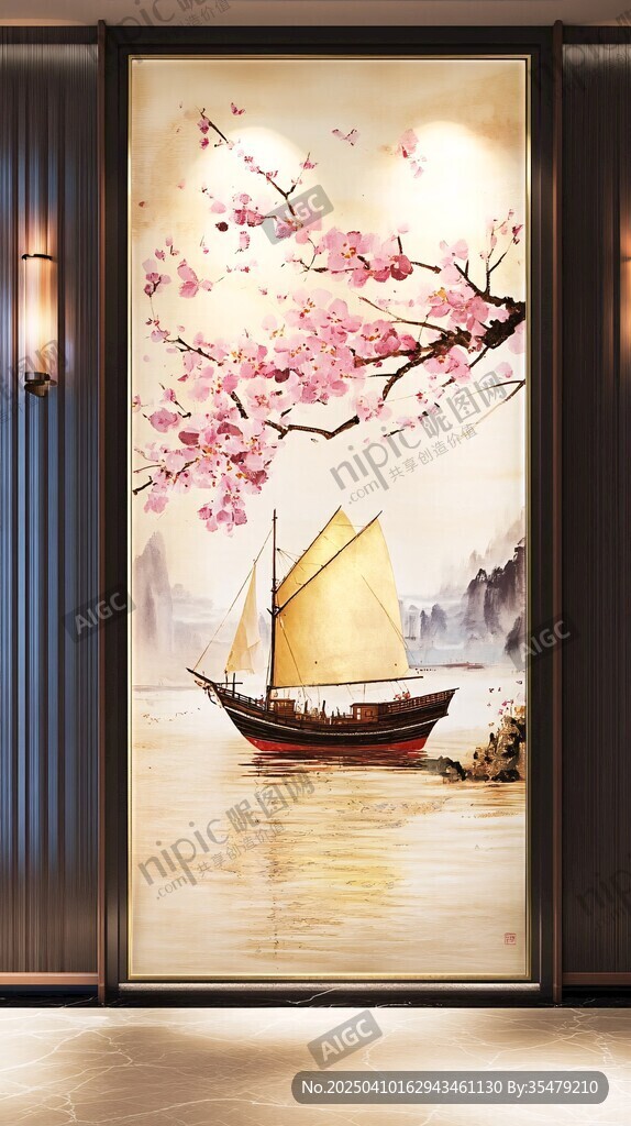 春日帆船图 唯美中式壁画
