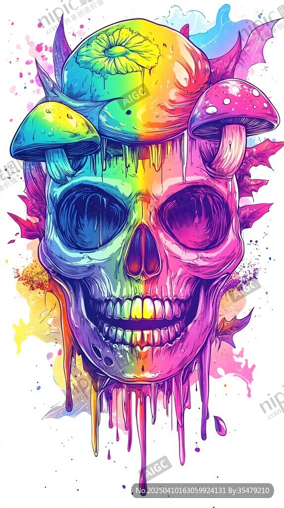 彩色骷髅与幻彩蘑菇插画