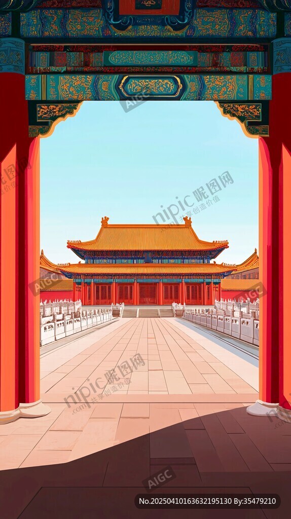 透过红门看壮丽故宫建筑