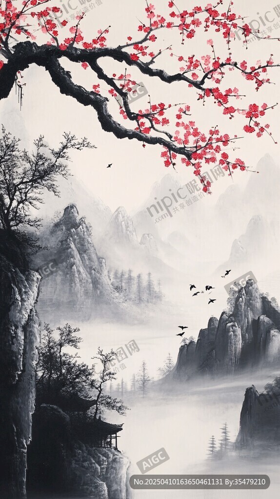 红梅映山水意境悠远