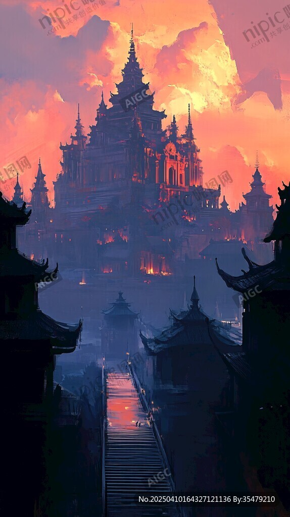 梦幻古风城堡的黄昏景象