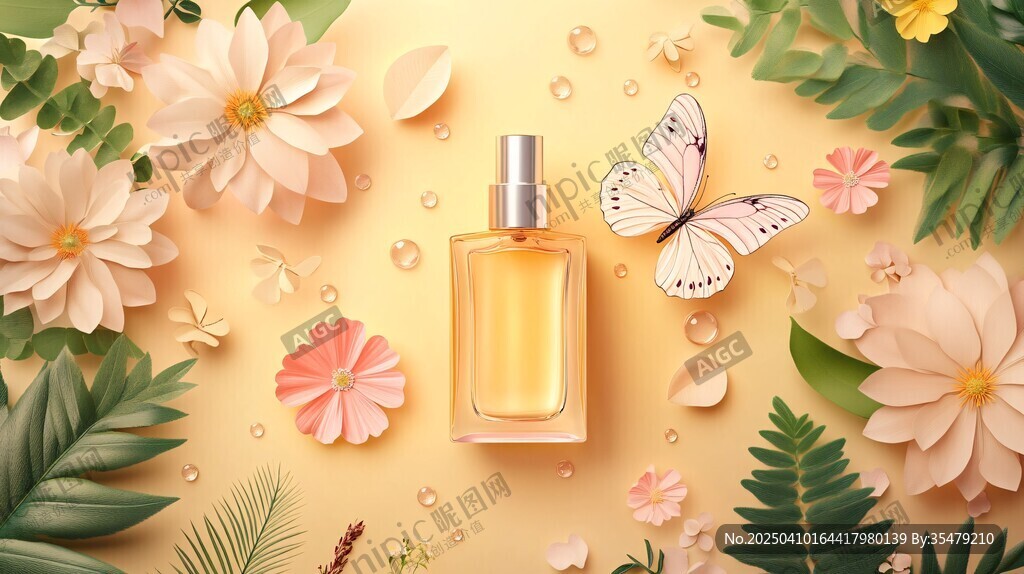 花香蝶舞中的精致香水瓶