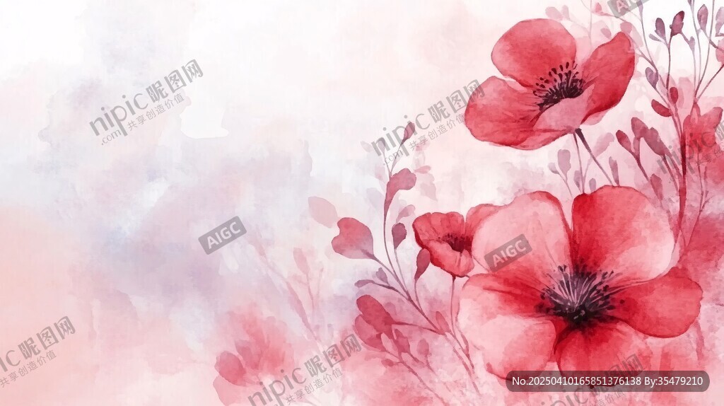 水彩绘红色花卉浪漫背景