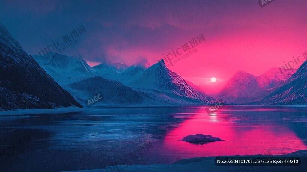 梦幻粉紫调的山川湖景