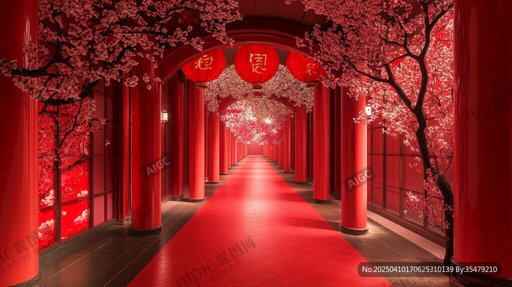 中式红廊繁花喜庆美景