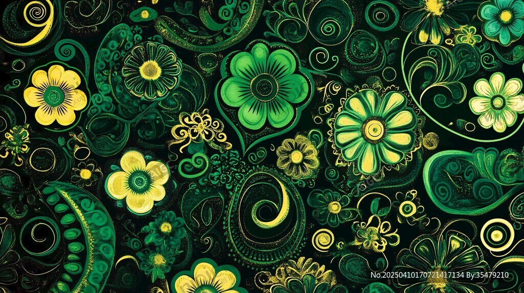 绿底繁花精美图案设计