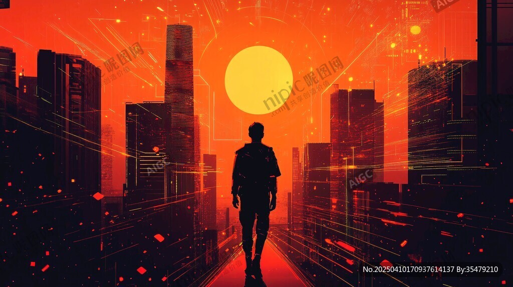 夕阳下城市中独行的身影