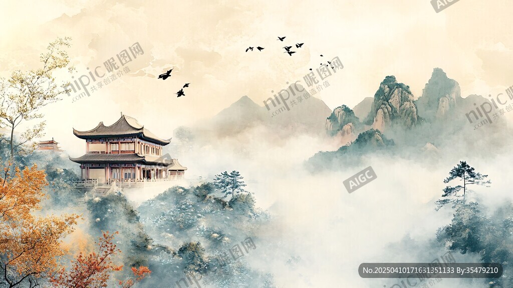 古风山水楼阁飞鸟图