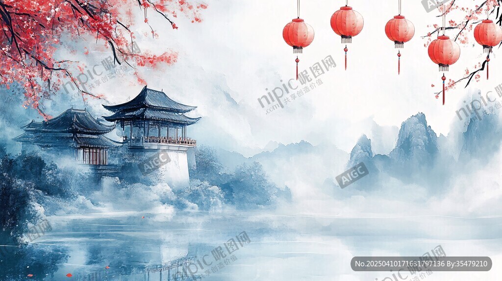水墨江南 红灯古楼山水景