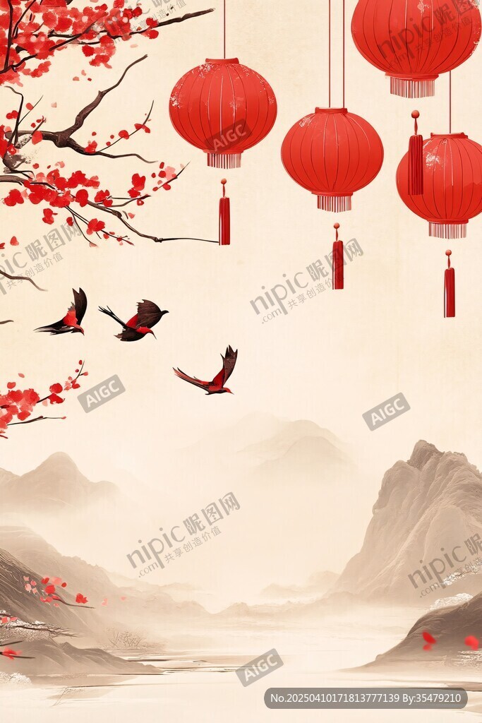 红灯笼下飞鸟伴山水春景